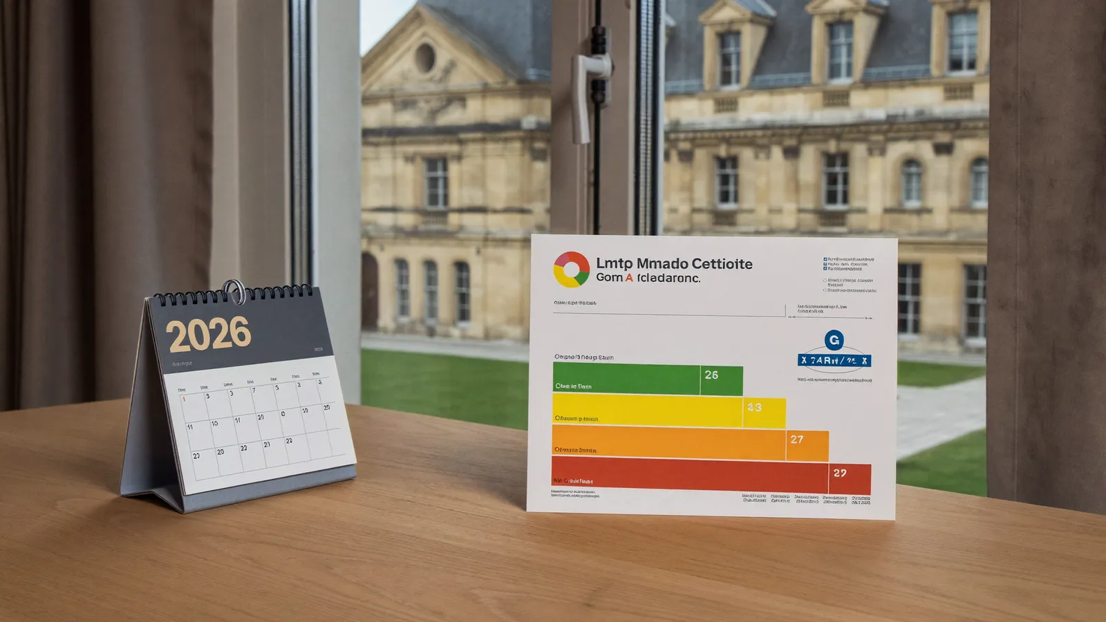 Calendrier 2026 posé près d'un rapport de DPE devant une façade en pierre de Caen blonde